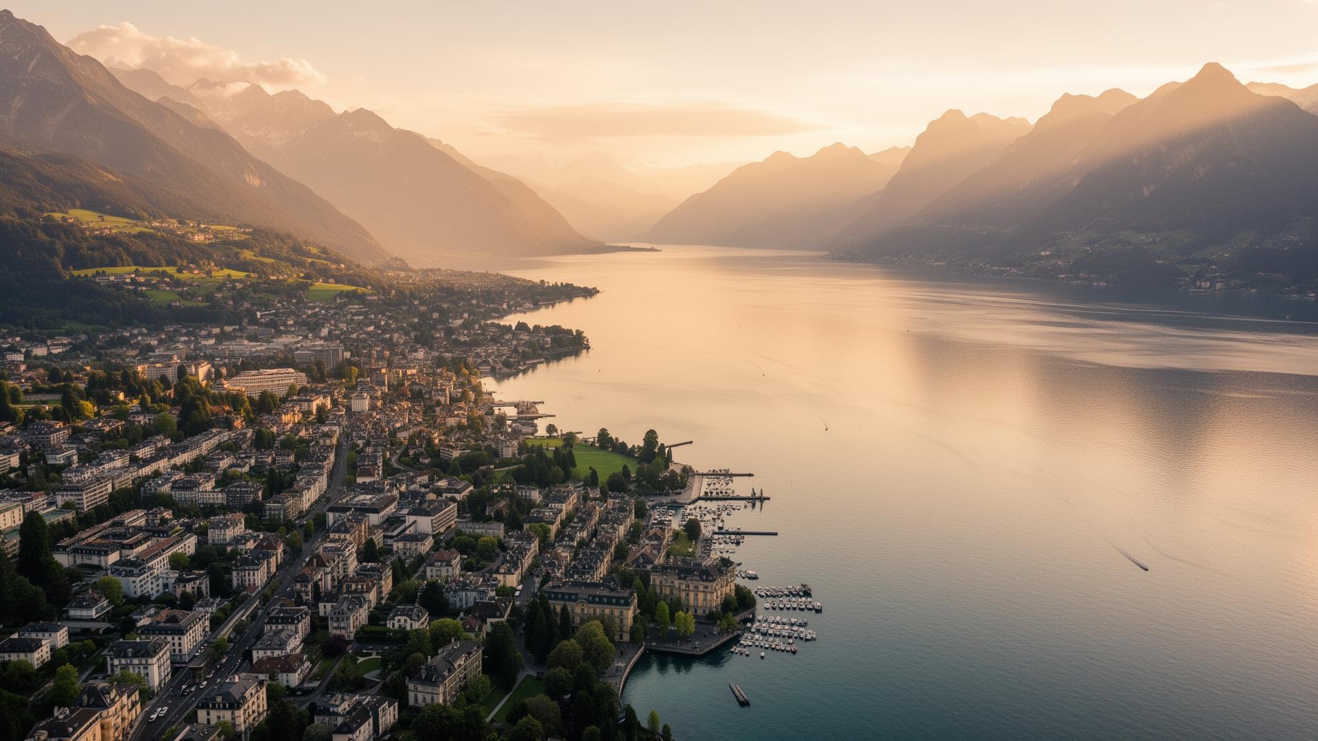 Vue de Montreux et du lac Léman au coucher du soleil